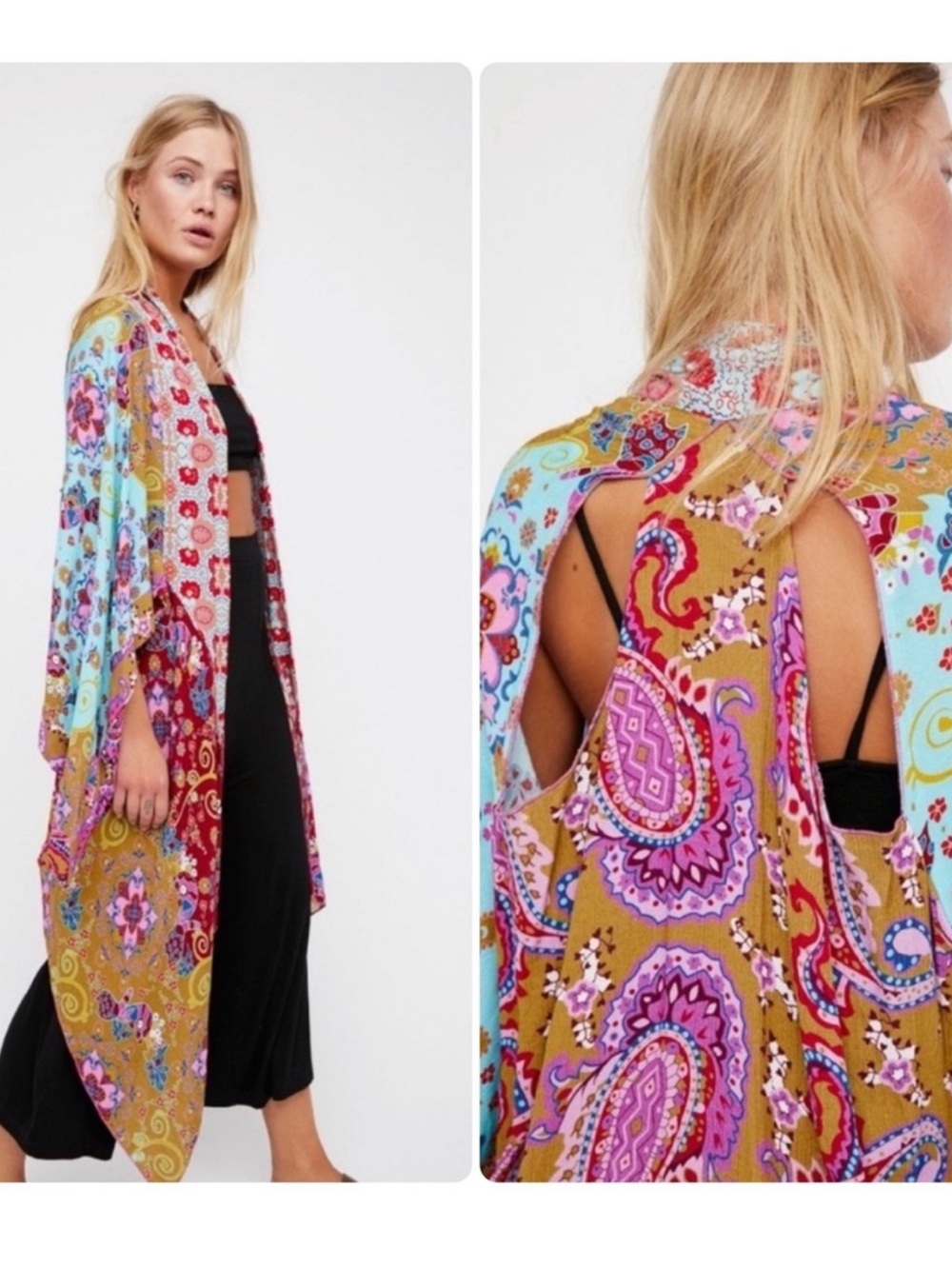 FREE PEOPLE Little Wing Mix Print Kimono Floral Paisley Boho Festival one size